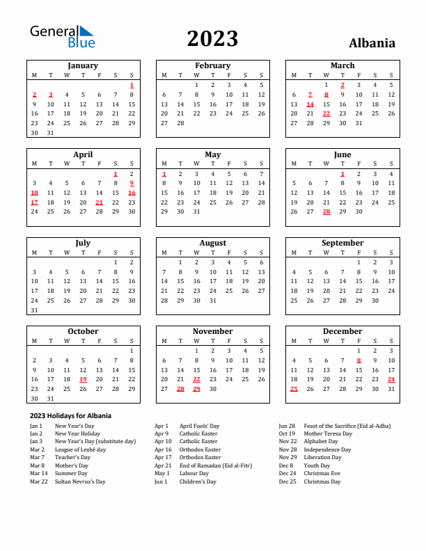 2023 Albania Holiday Calendar - Monday Start