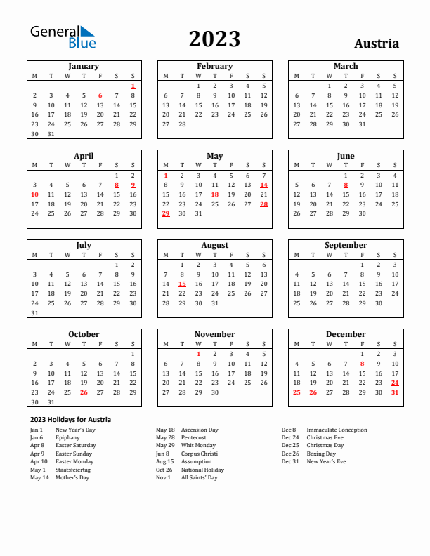 2023 Austria Holiday Calendar - Monday Start