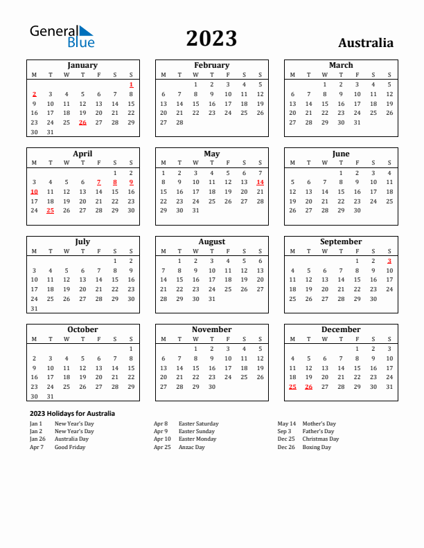 2023 Australia Holiday Calendar - Monday Start