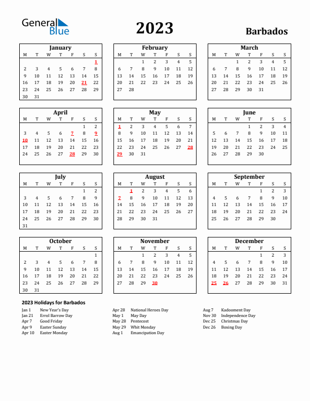2023 Barbados Holiday Calendar - Monday Start