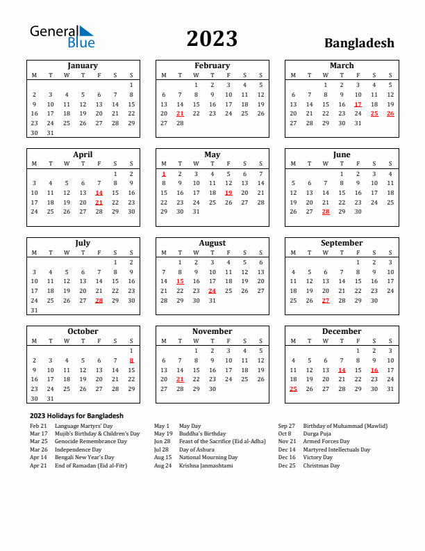 2023 Bangladesh Holiday Calendar - Monday Start
