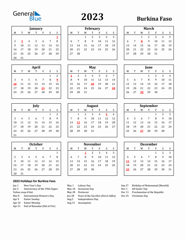 2023 Burkina Faso Holiday Calendar - Monday Start