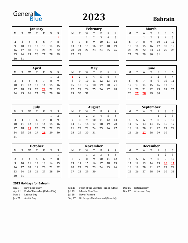 2023 Bahrain Holiday Calendar - Monday Start