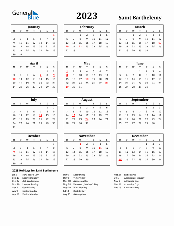 2023 Saint Barthelemy Holiday Calendar - Monday Start