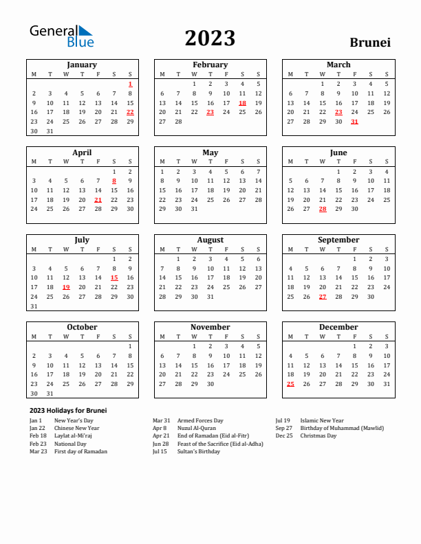 2023 Brunei Holiday Calendar - Monday Start