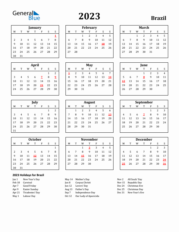 2023 Brazil Holiday Calendar - Monday Start
