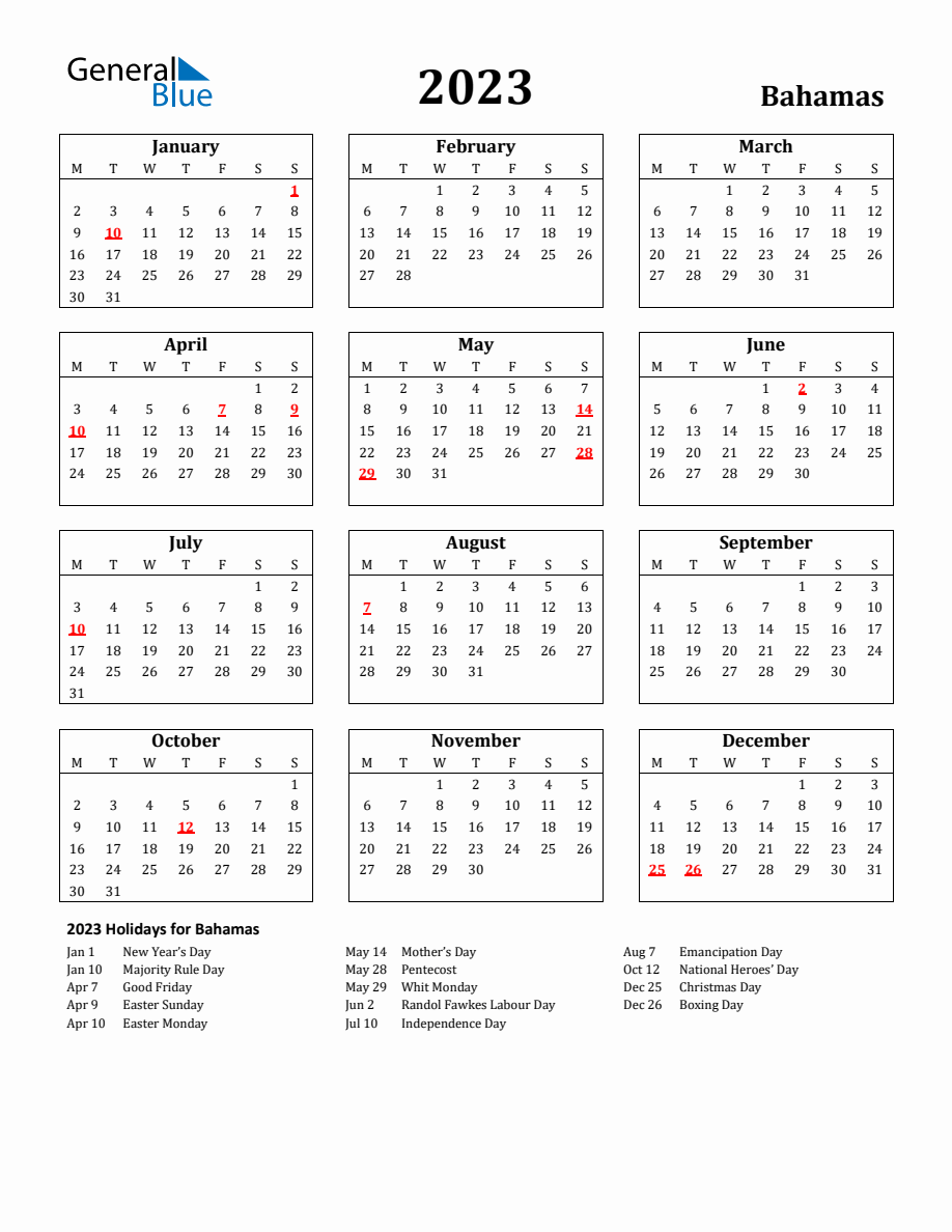 Free Printable 2023 Bahamas Holiday Calendar