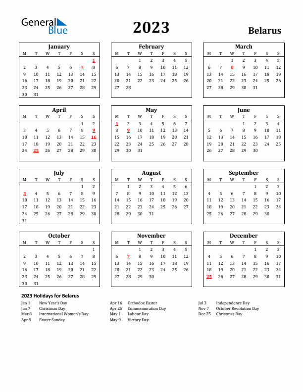 2023 Belarus Holiday Calendar - Monday Start