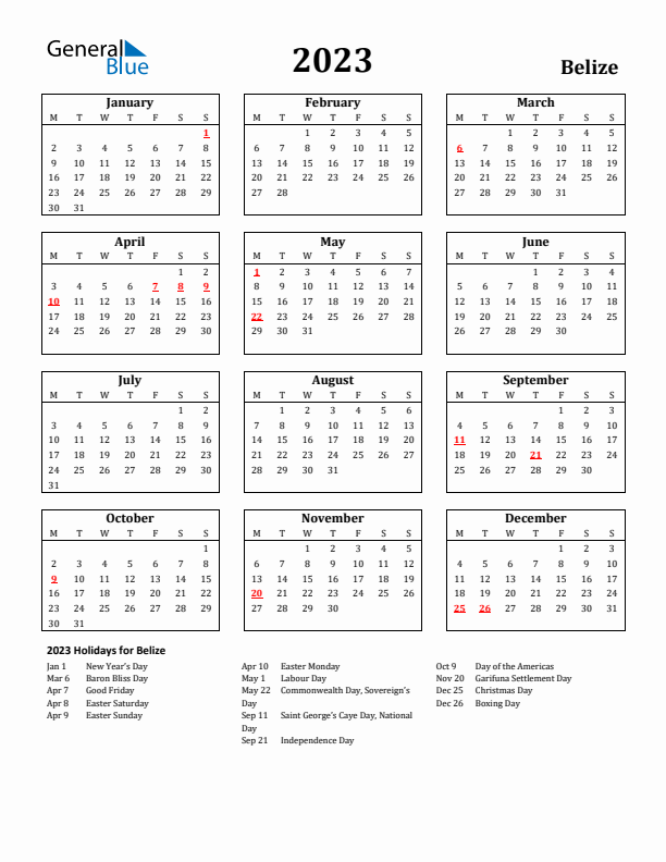 2023 Belize Holiday Calendar - Monday Start