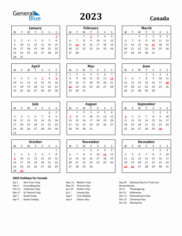 2023 Canada Holiday Calendar - Monday Start