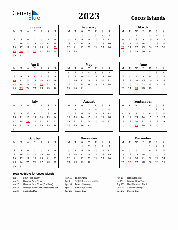 2023 Cocos Islands Holiday Calendar - Monday Start