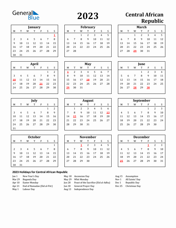 2023 Central African Republic Holiday Calendar - Monday Start