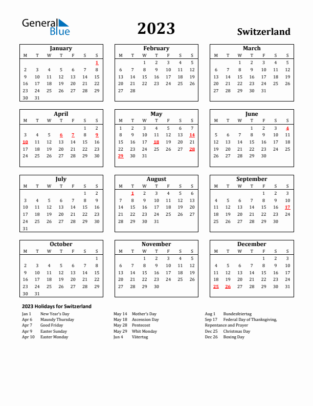 2023 Switzerland Holiday Calendar - Monday Start