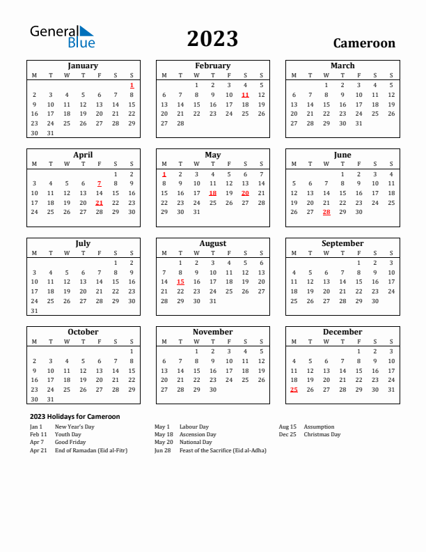 2023 Cameroon Holiday Calendar - Monday Start