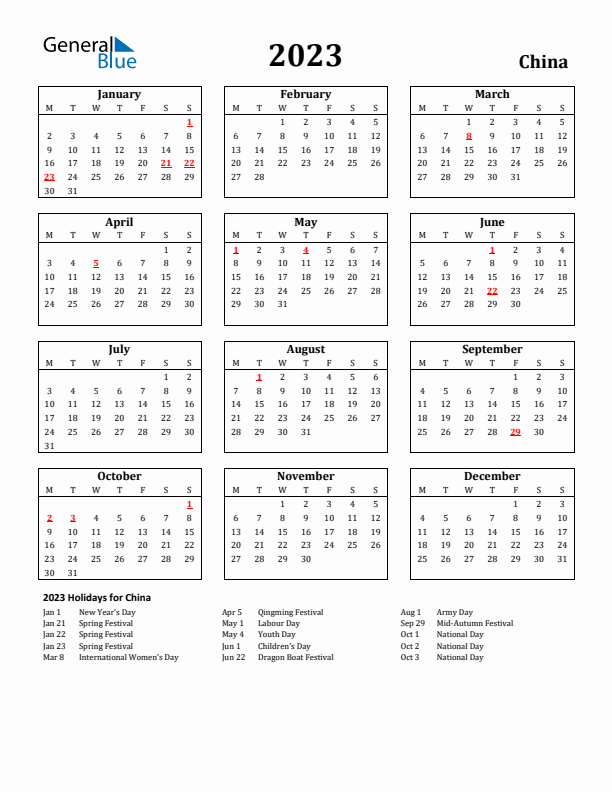 2023 China Holiday Calendar - Monday Start
