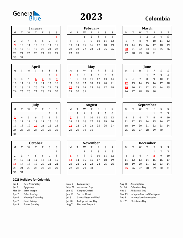 2023 Colombia Holiday Calendar - Monday Start