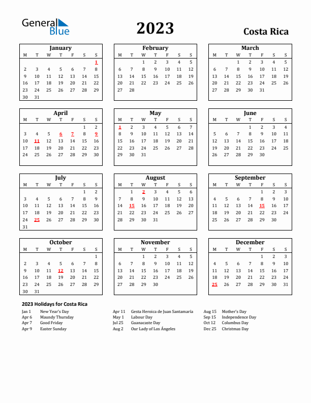 2023 Costa Rica Holiday Calendar - Monday Start