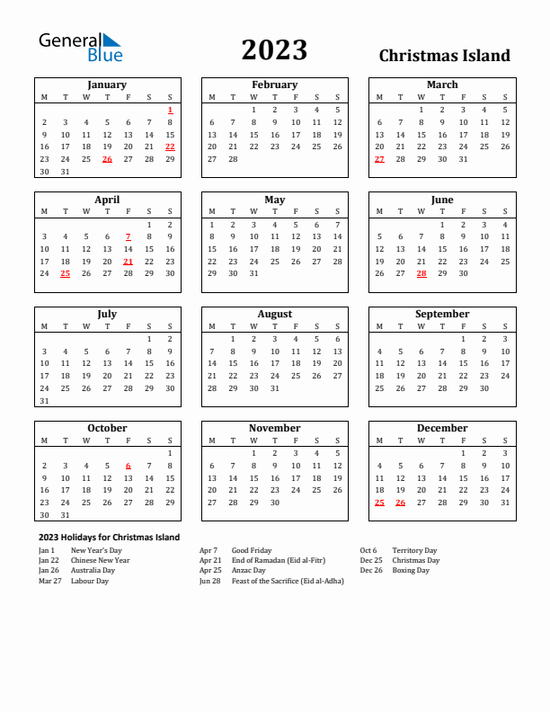 2023 Christmas Island Holiday Calendar - Monday Start