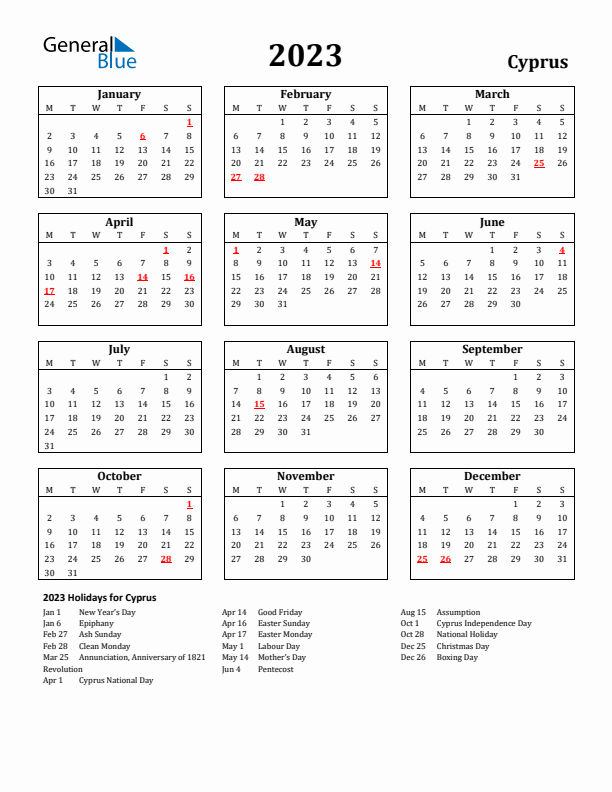 2023 Cyprus Holiday Calendar - Monday Start