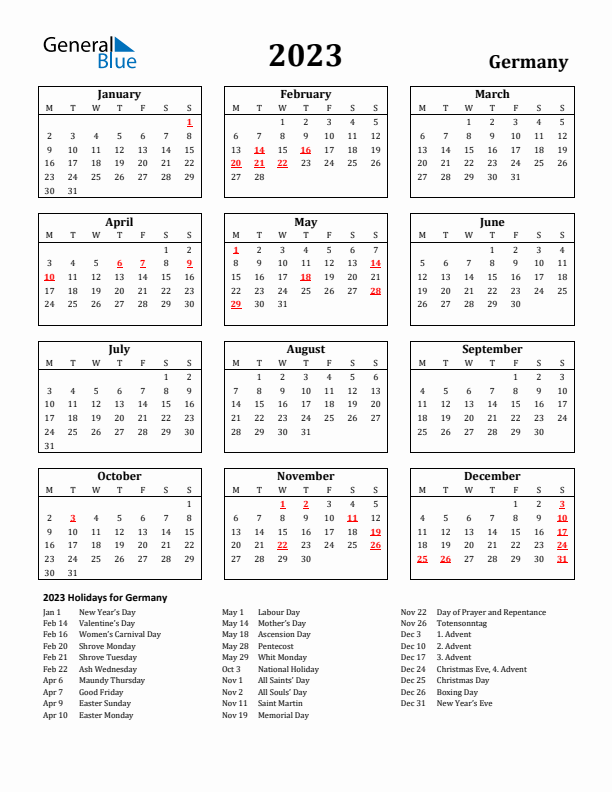 2023 Germany Holiday Calendar - Monday Start