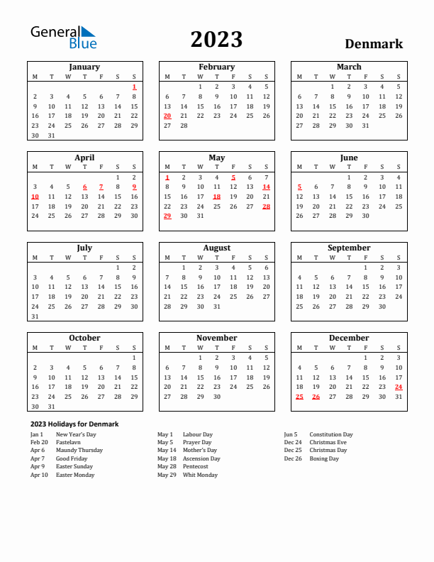 2023 Denmark Holiday Calendar - Monday Start