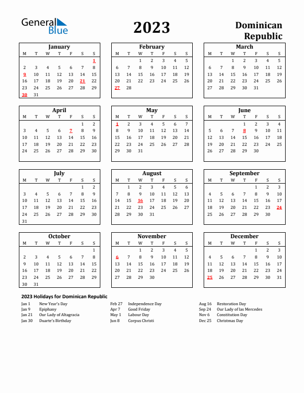 2023 Dominican Republic Holiday Calendar - Monday Start