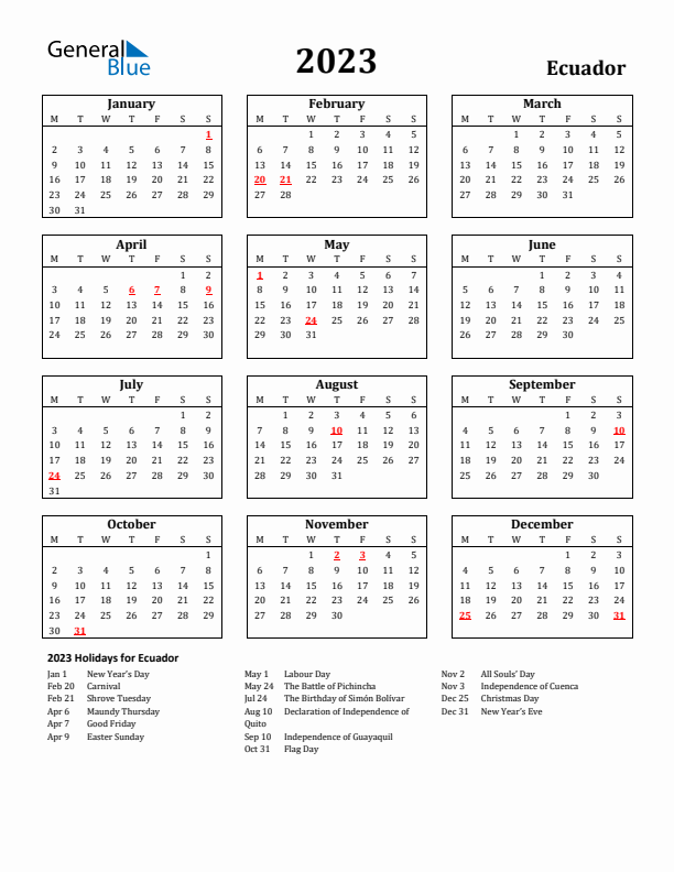 2023 Ecuador Holiday Calendar - Monday Start