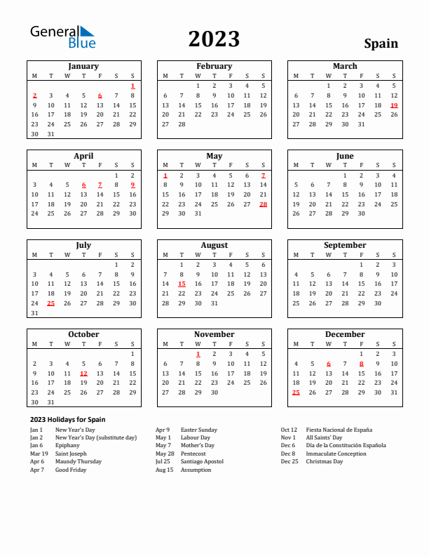2023 Spain Holiday Calendar - Monday Start