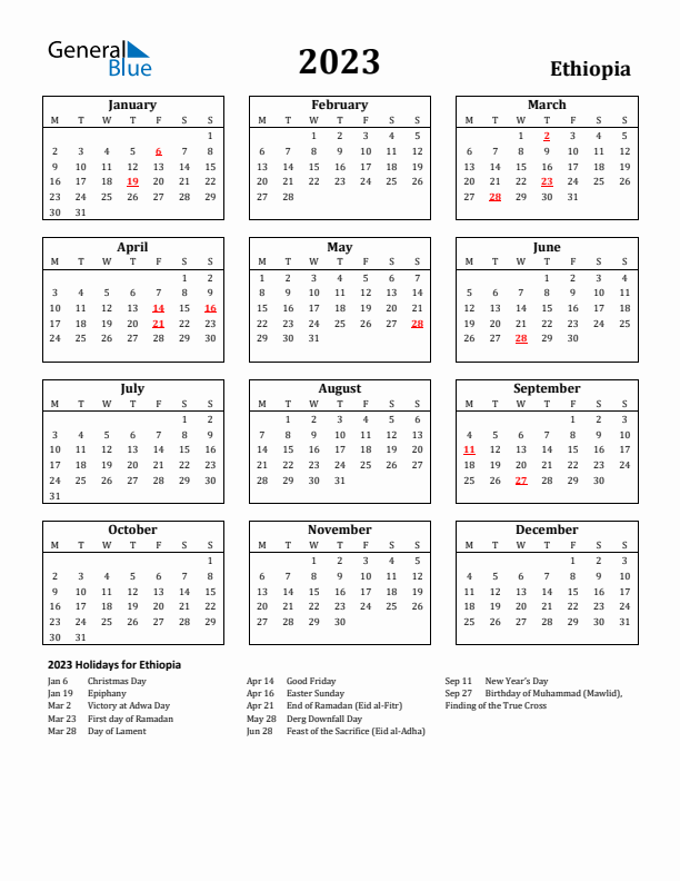 2023 Ethiopia Holiday Calendar - Monday Start