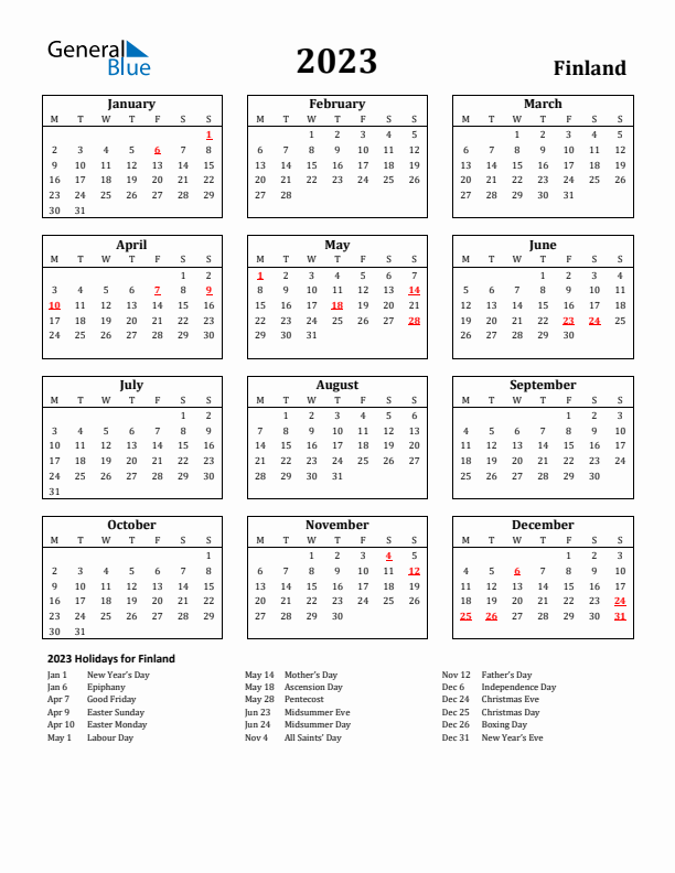 2023 Finland Holiday Calendar - Monday Start