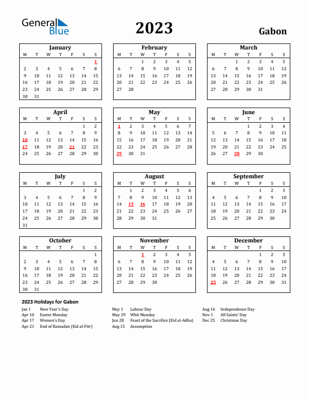 2023 Gabon Holiday Calendar - Monday Start