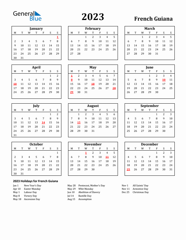 2023 French Guiana Holiday Calendar - Monday Start