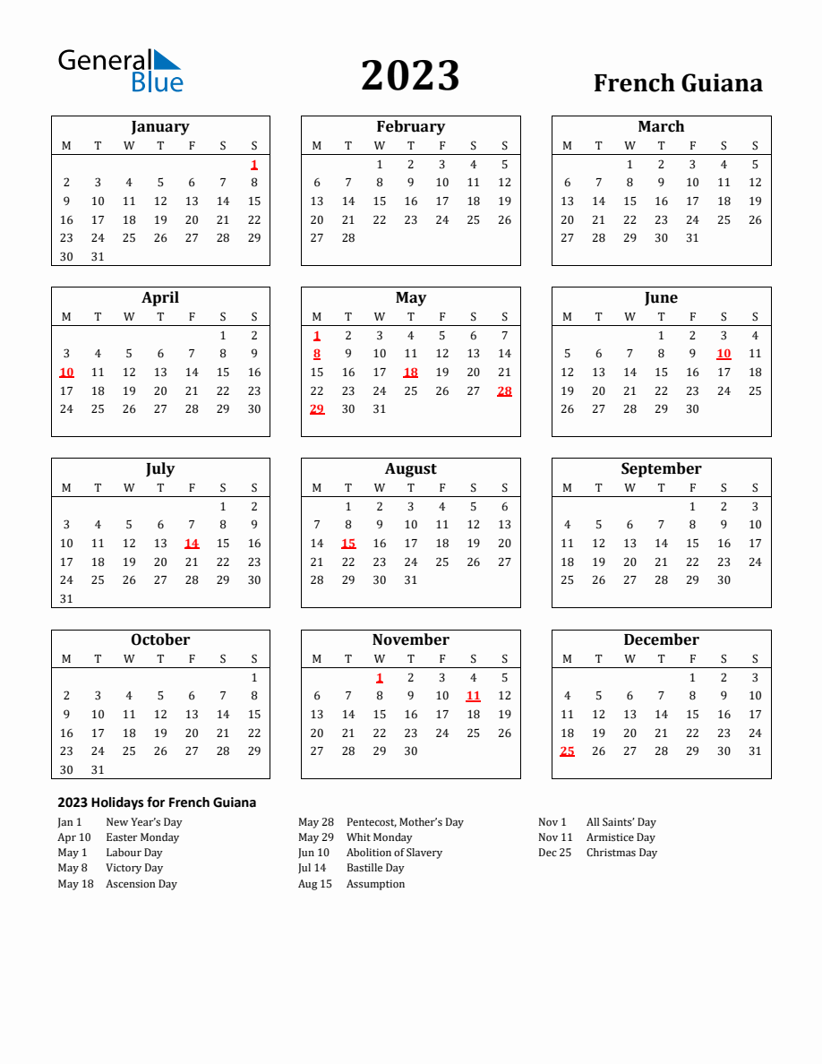 Free Printable 2023 French Guiana Holiday Calendar