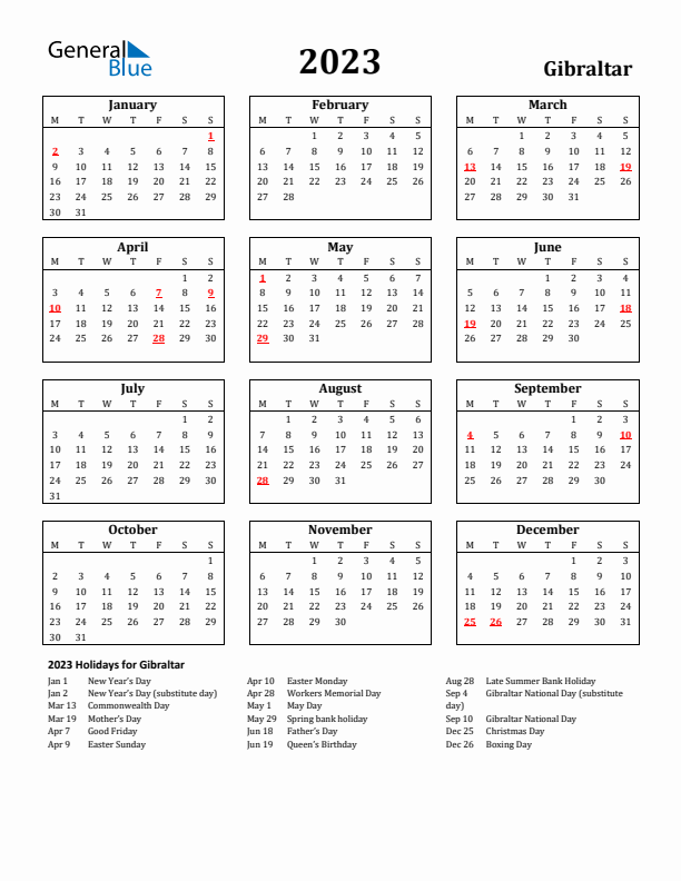 2023 Gibraltar Holiday Calendar - Monday Start