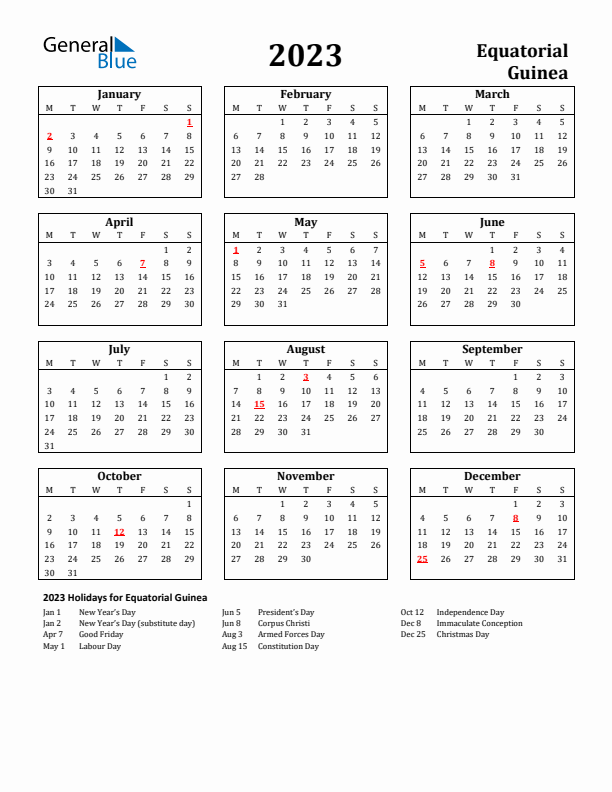 2023 Equatorial Guinea Holiday Calendar - Monday Start