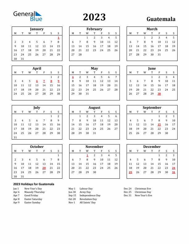 2023 Guatemala Holiday Calendar - Monday Start