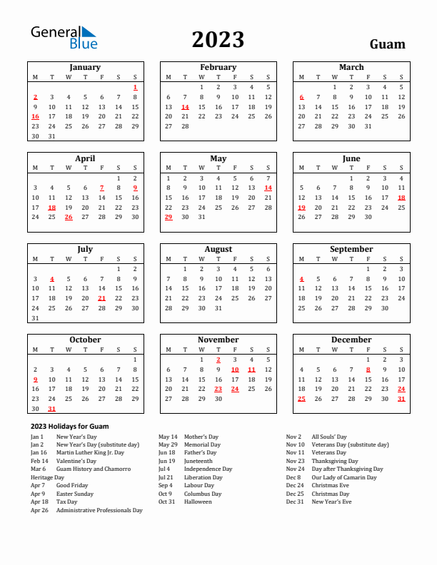 2023 Guam Holiday Calendar - Monday Start