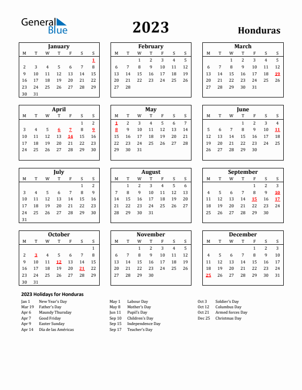 2023 Honduras Holiday Calendar - Monday Start