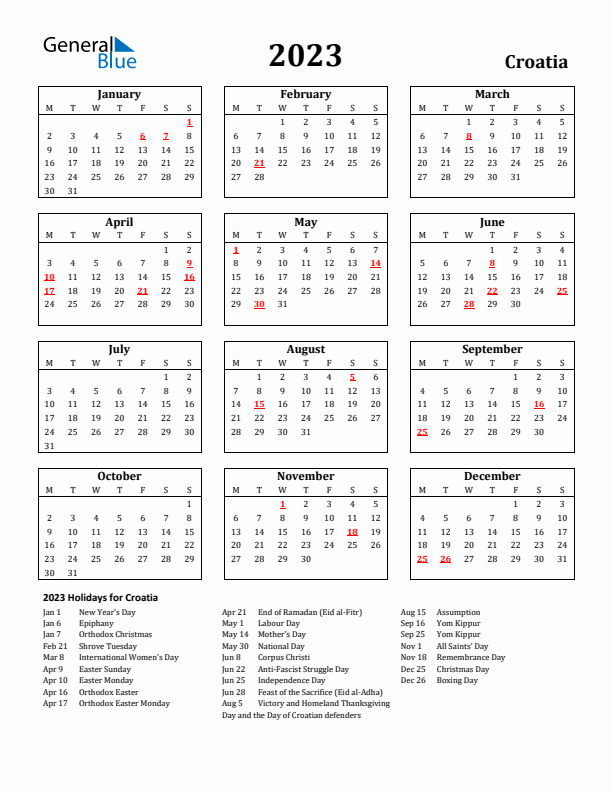 2023 Croatia Holiday Calendar - Monday Start