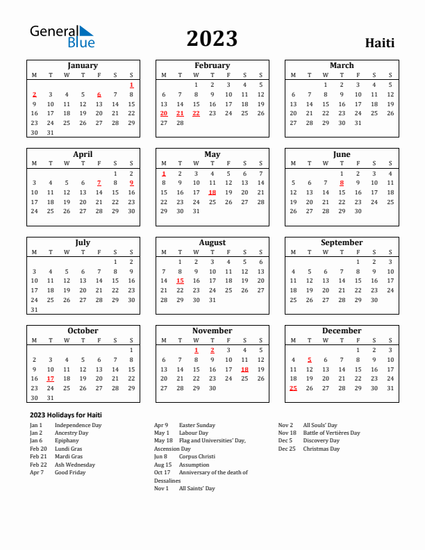 2023 Haiti Holiday Calendar - Monday Start