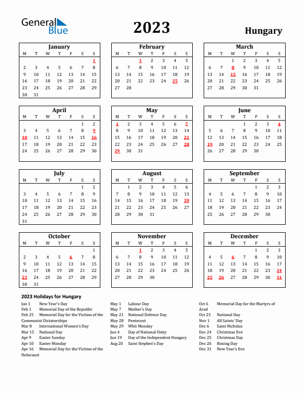 2023 Hungary Holiday Calendar - Monday Start