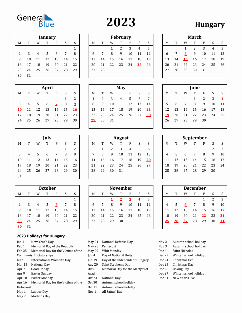 Free Printable 2023 Hungary Holiday Calendar