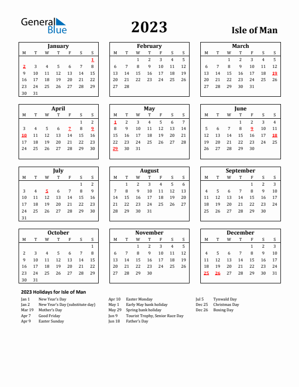 2023 Isle of Man Holiday Calendar - Monday Start