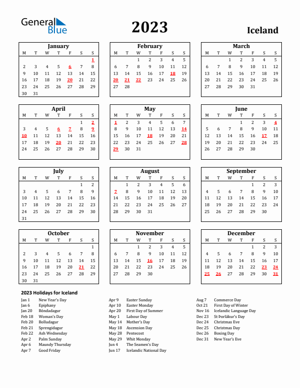 2023 Iceland Holiday Calendar - Monday Start