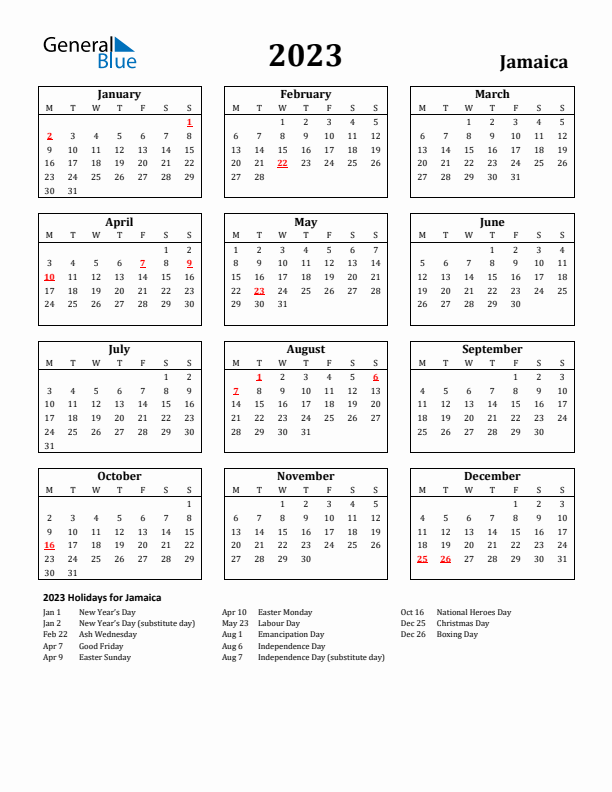 2023 Jamaica Holiday Calendar - Monday Start