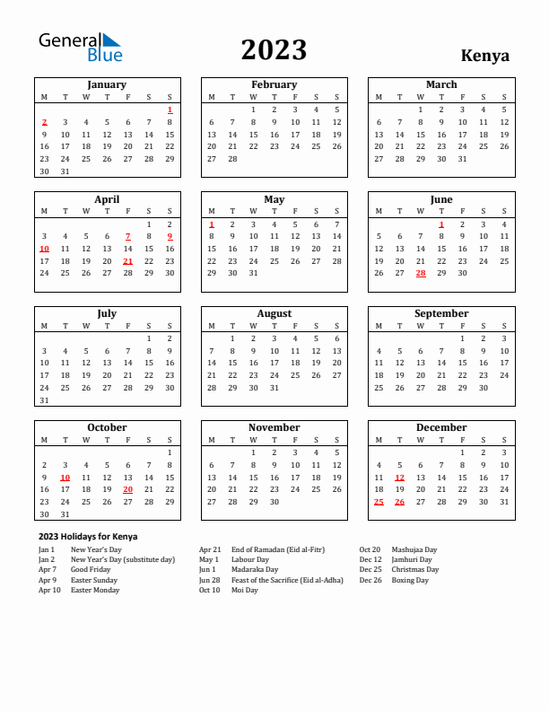 2023 Kenya Holiday Calendar - Monday Start