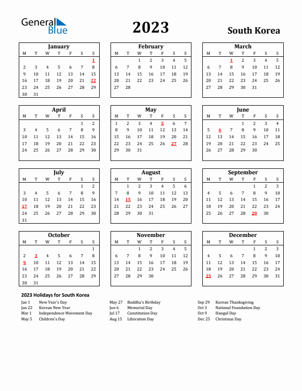 2023 South Korea Holiday Calendar - Monday Start