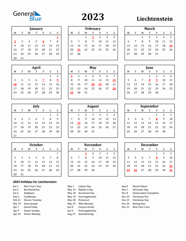 2023 Liechtenstein Holiday Calendar - Monday Start