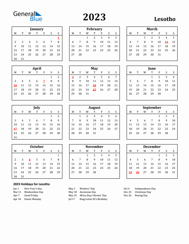 2023 Lesotho Holiday Calendar - Monday Start
