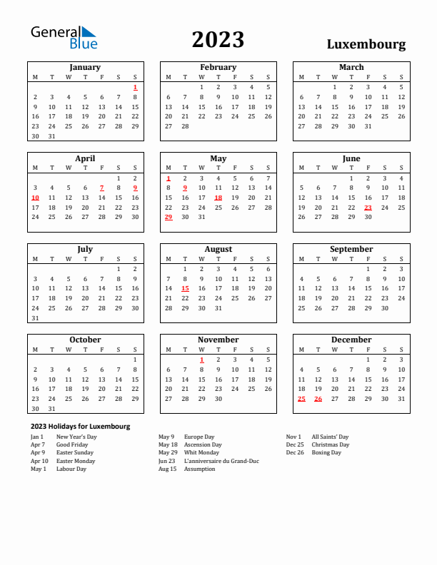 2023 Luxembourg Holiday Calendar - Monday Start